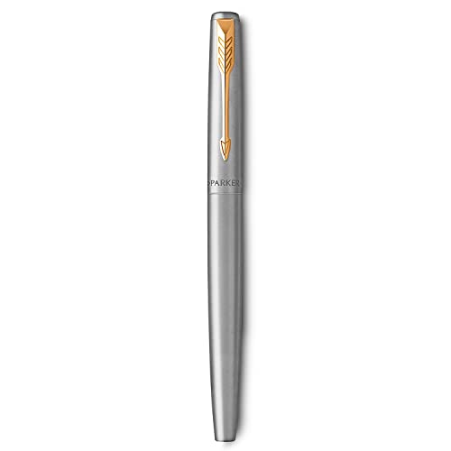 Parker Rollerball Pen, Jotter Stainless Steel Rollerball Pen, Gold Trim, Fine Tip, Black