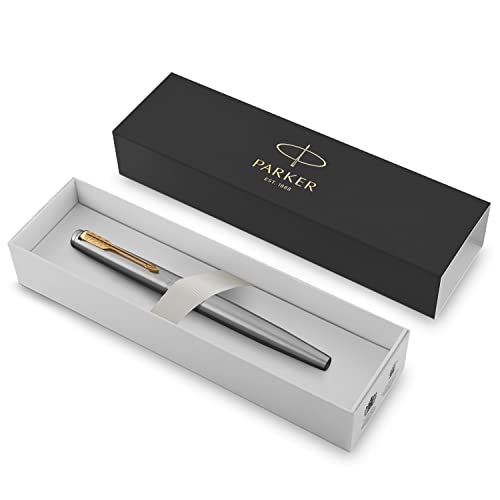 Parker Rollerball Pen, Jotter Stainless Steel Rollerball Pen, Gold Trim, Fine Tip, Black