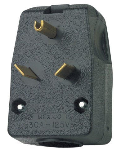 Leviton 830-T 30 Amp, 125 Volt, Travel Trailer Vinyl Grounding Angle Plug, Black