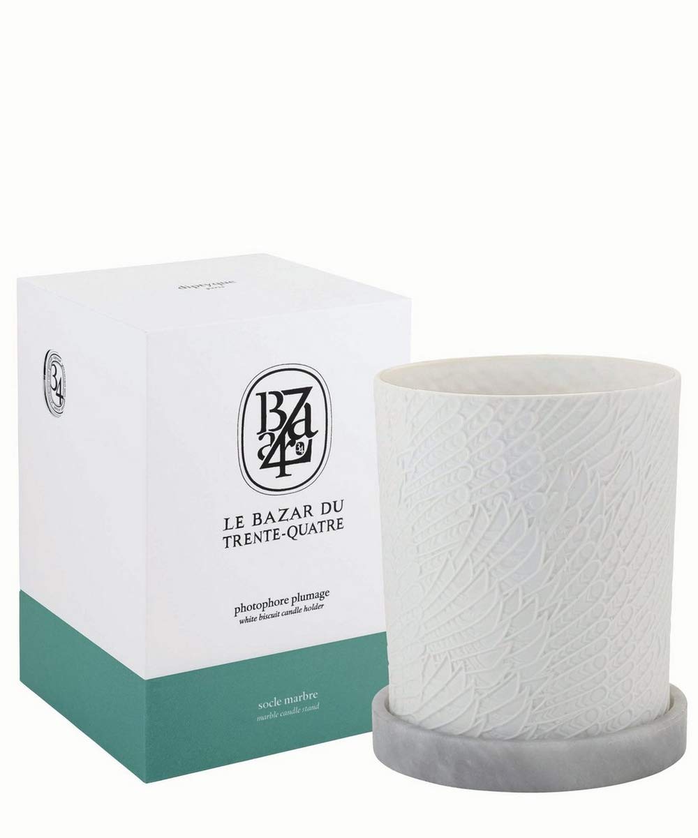 DIPTYQUE Plumage White Biscuit Candle Holder with Marble Candle Stand, Socle Marbre. Diptyque - Le Bazar Du Trente Quatre Photophore Plumage 34 Ceramic Candle Holder. Model # BZCHOLDWHIT