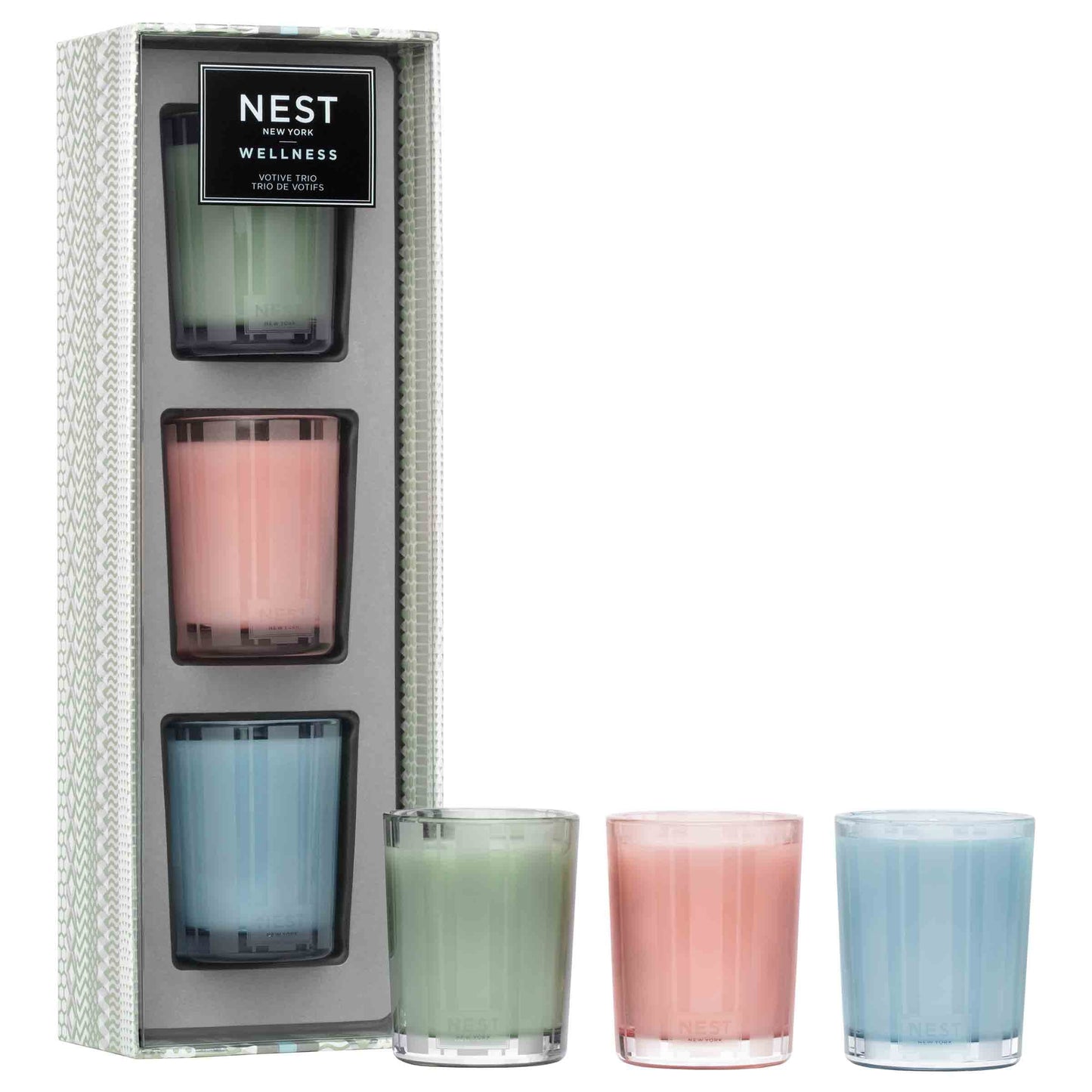 NEST Fragrances Wellness Scented Votive Candle Trio, Wild Mint & Eucalyptus, Driftwood & Chamomile, Himalayan Salt & Rosewater, 2 inch