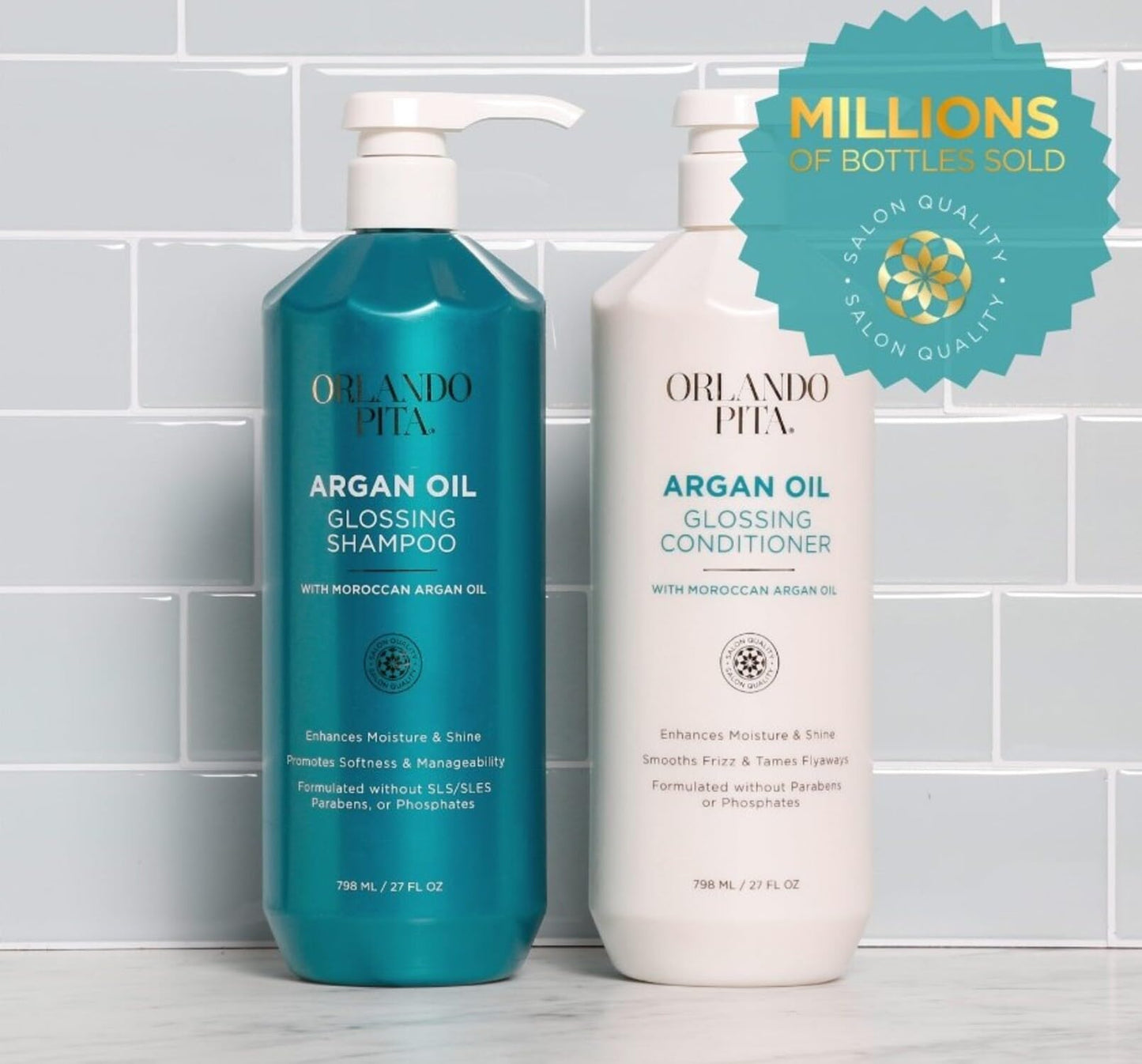 ORLANDO PITA Moroccan Argan Oil Glossing Shampoo & Conditioner Set, Moisturizing, Softening, & Shine-Enhancing for Smoother, More Manageable, & Overall Healthier Hair, 27 Fl Oz Each